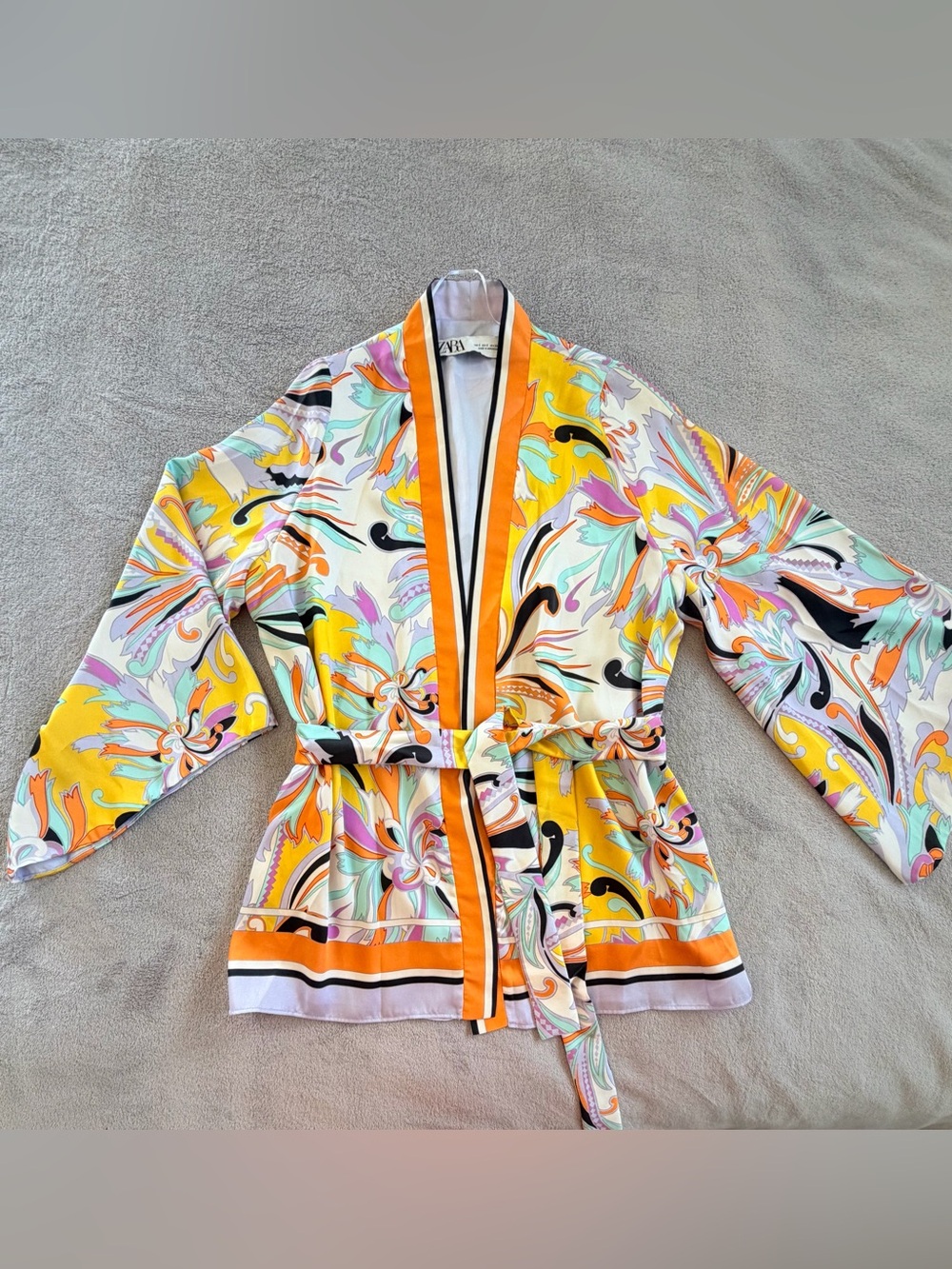 Zara Bright Orange Yellow Floral Satin Kimono Belted Top Size S